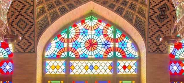 Multicoloured stained glass windows in mosque