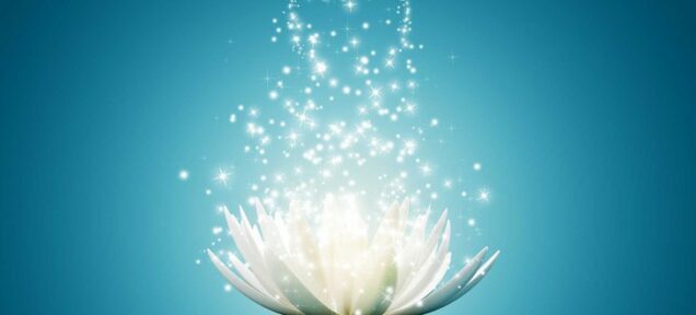 White flower sparkling on blue background