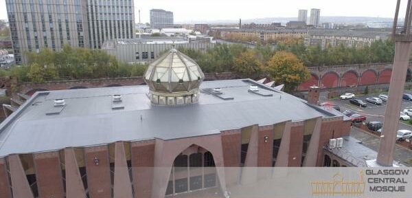 Glasgow Central Mosque aerial view showing off roof repair