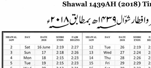 2018 Shawwal timetable